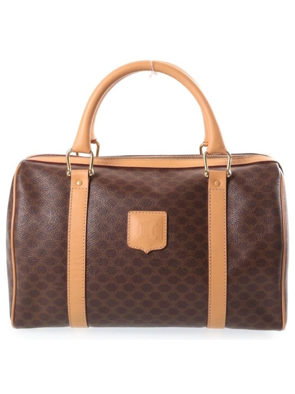 Celine Macadam Pattern Leather Hand Boston Bag Brown Gold